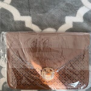 Chic Tan Envelope Clutch with Gold Accent
